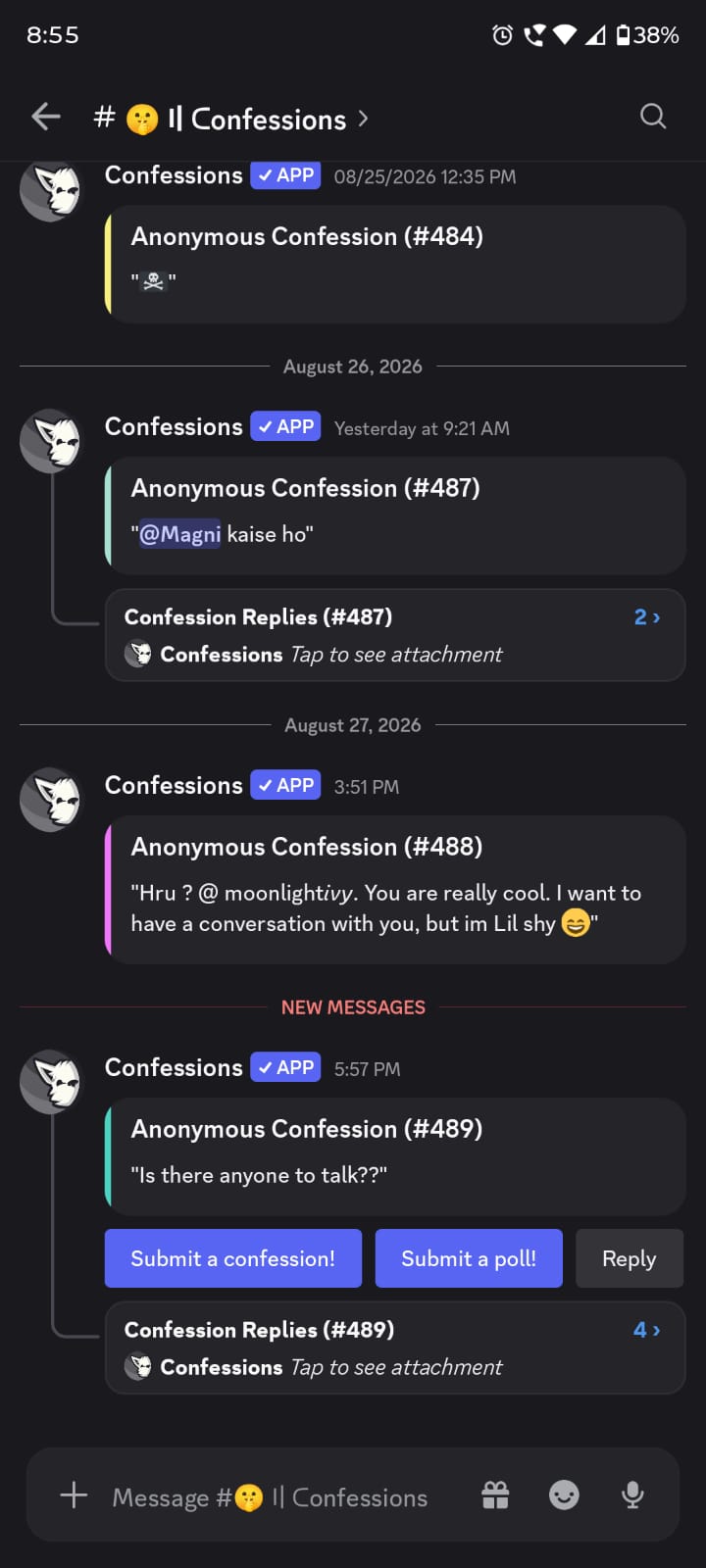 The confessions channel where members share anonymous thoughts and questions