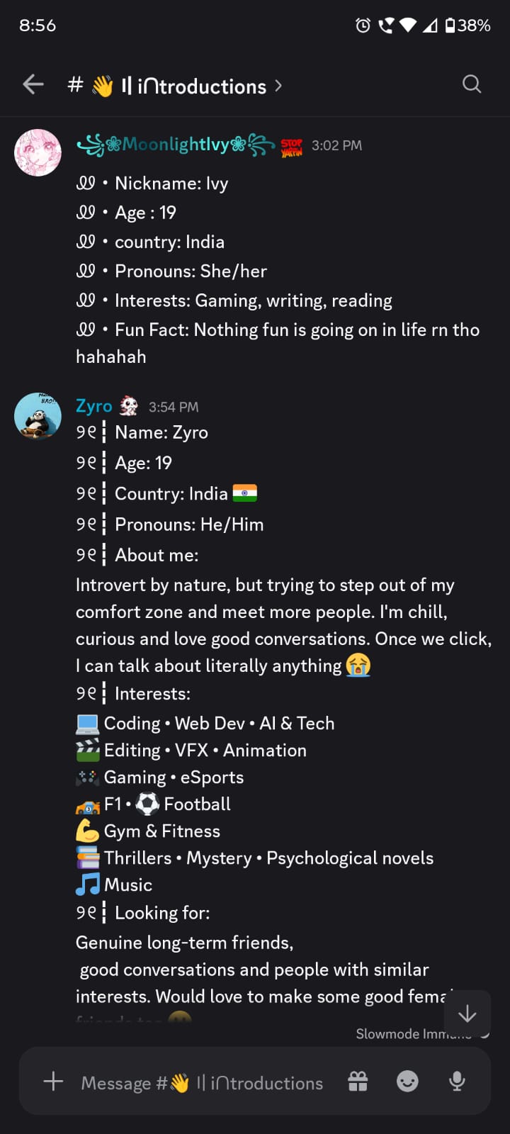 Members introducing themselves in the Friends introductions channel, sharing name, age, country and interests