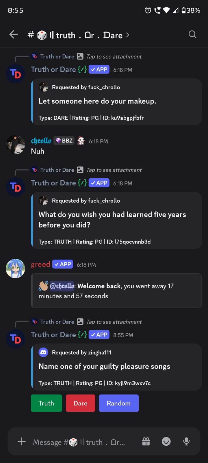 Truth or Dare game running live in the Friends server